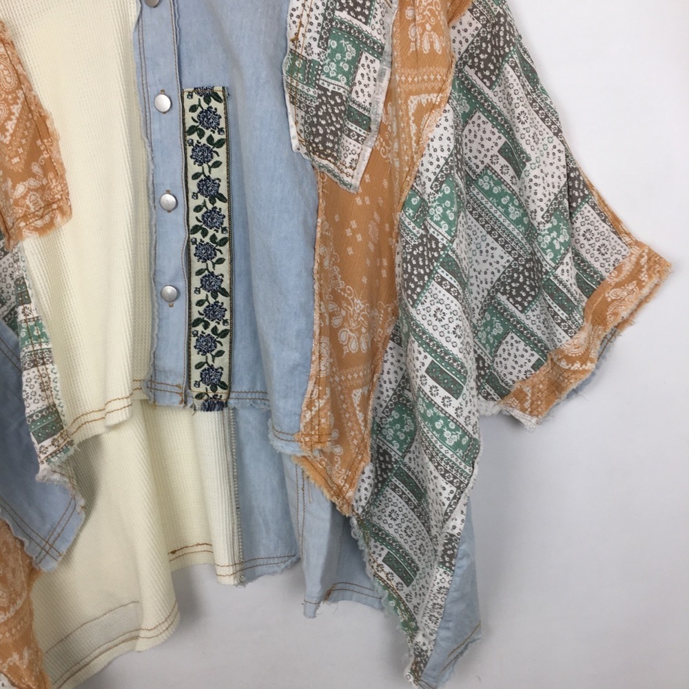 POL Light Denim Mixed Patchwork Boxy Oversized Boho Top Shacket Women’s Size M - Picture 9 of 16